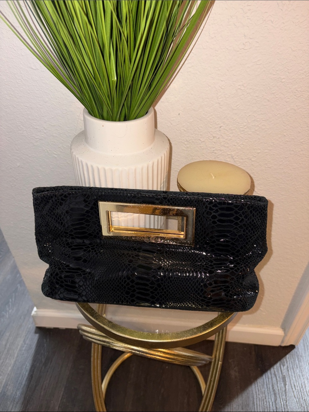 Michael Kors Black Snake-Texture Clutch with Gold Frame Handle